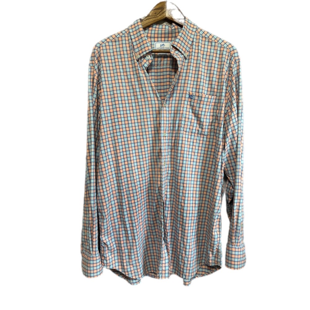 Southern Tide Performance Shirt Mens Large Orange Blue Plaid Excellent Skipjack